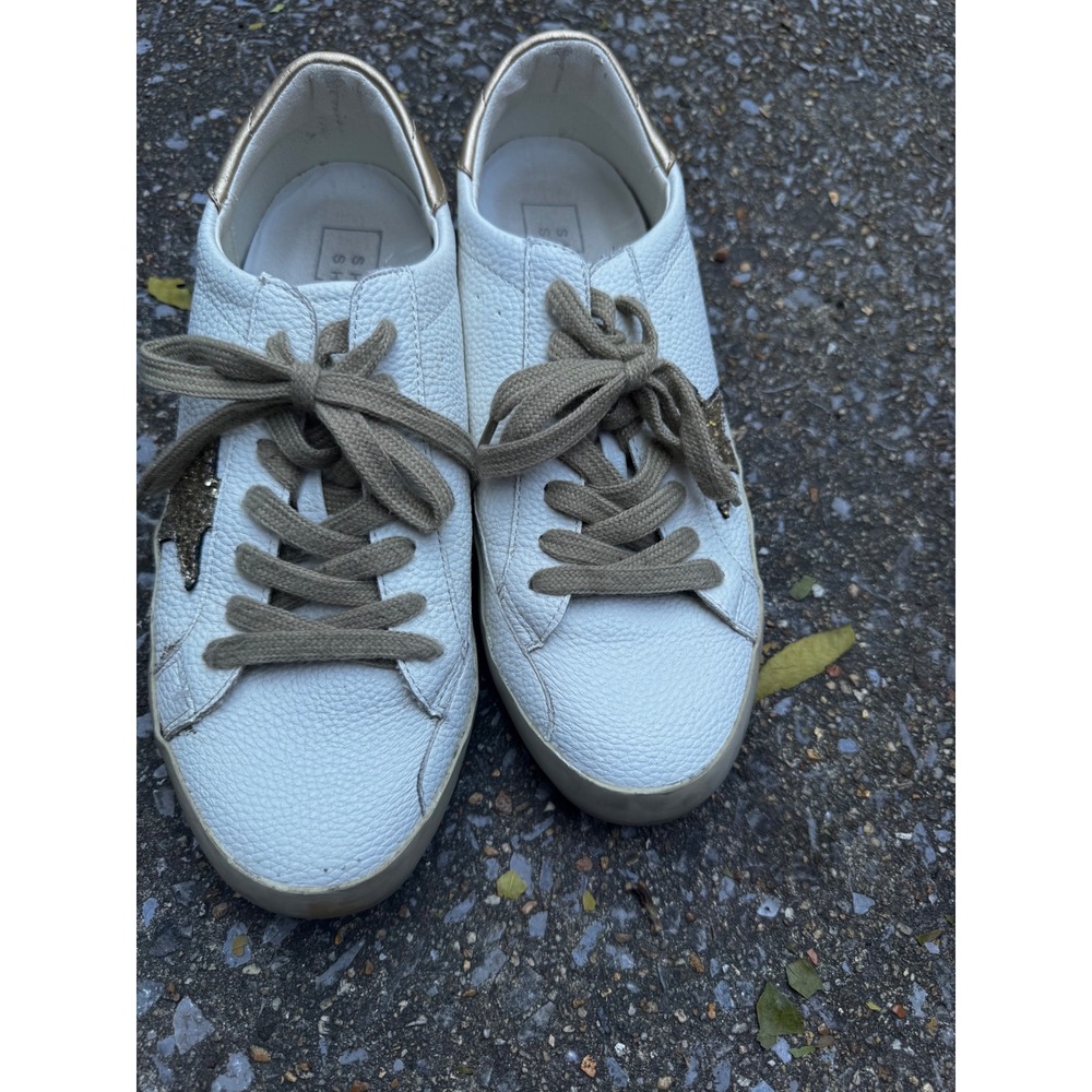 Shu Shop Paula White Leather Glitter Star Sneakers Gold Heel 10320-1211-078 7.5